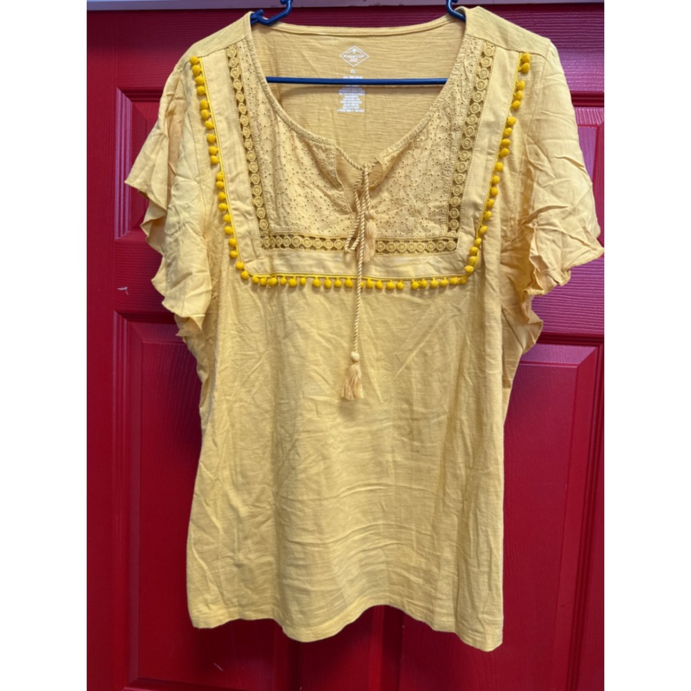 St Johns Bay Yellow Eyelet Pom Pom Tassel Blouse XL Short Sleeve Boho Top